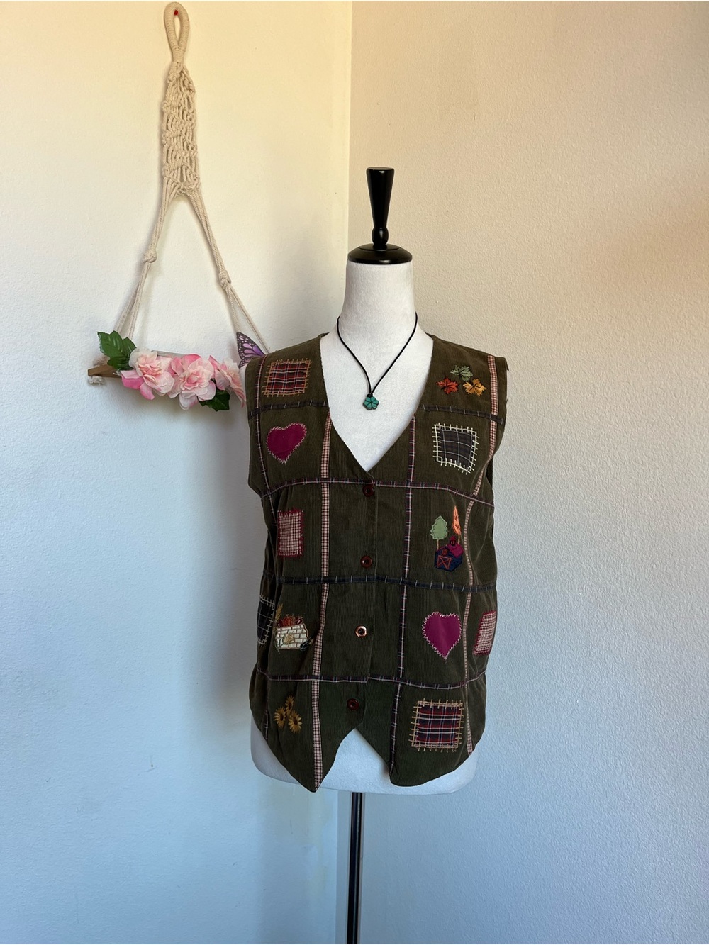 Boho Patchwork Autumn Olive Green Vest